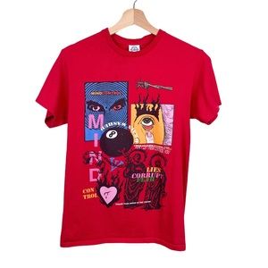 Y2K Vintage 2000’s Abstract Conspiracy Multicolor Graphic Tee Cotton Small Red